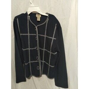 Vintage Teddi Navy Blue Cardigan Sweater  Embroidered L Long Sleeves